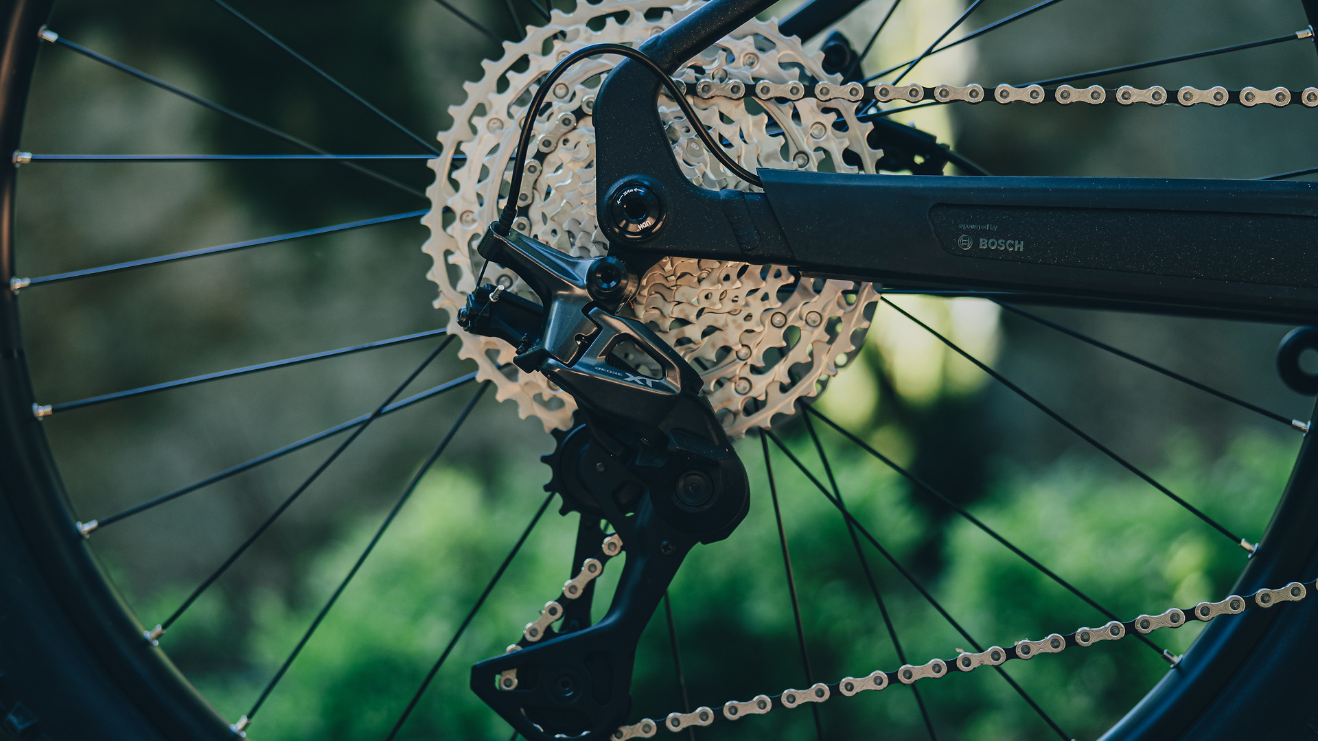 Zadnji menjalnik Shimano XT in kaseta na gorskem kolesu.